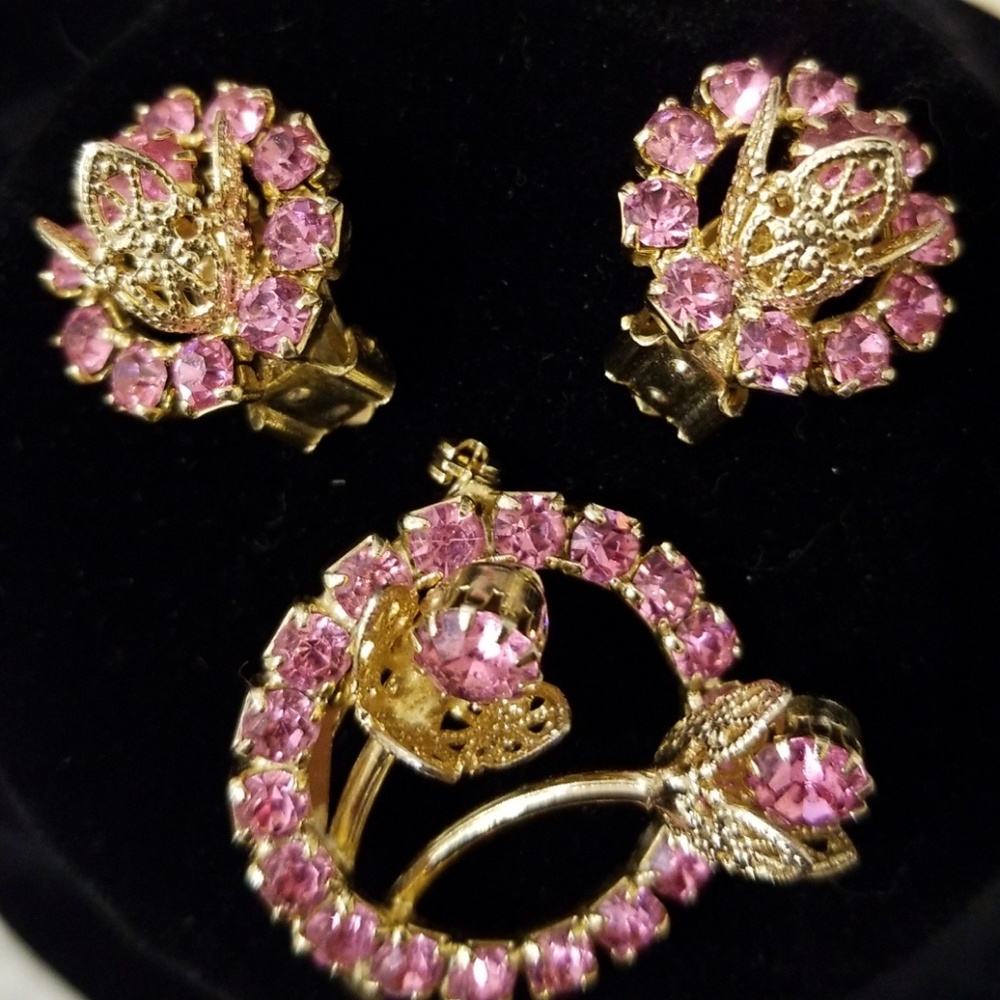 Vintage Pink Crystal Brooch and Earrings Set